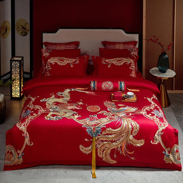 Red Gold Luxury Wedding Dragon Phoenix Embroidery Tassel Duvet Cover, 1400TC Egyptian Cotton Bedding Set